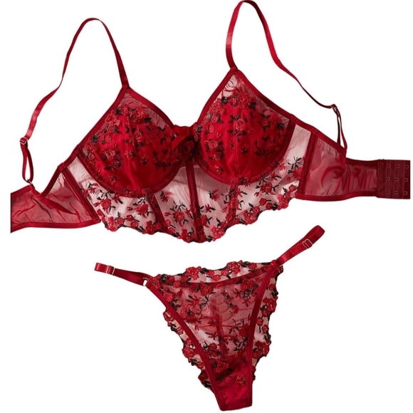 NEW Baddie Floral Embroidered Coquette Sexy Red Lace Lingerie Summer Set - Picture 1 of 5